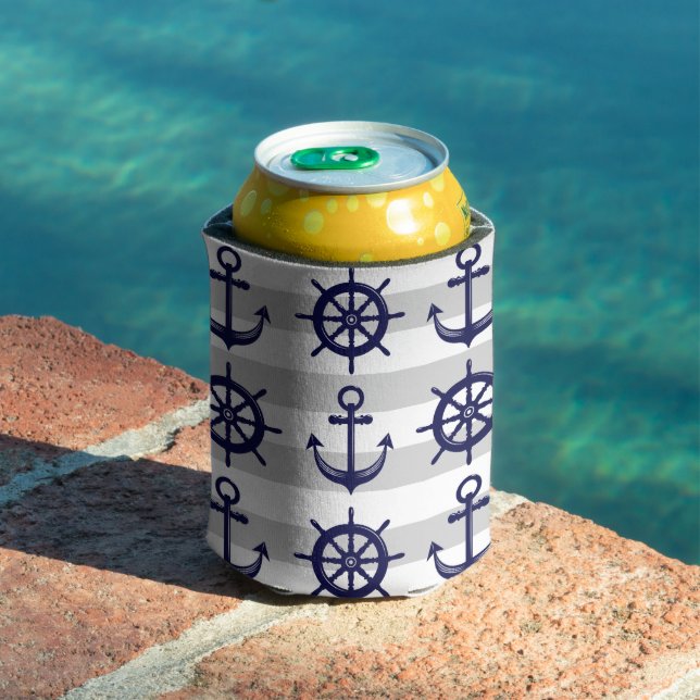 Personalised Navy Blue Anchor Boat Wheel Nautical Can Cooler (In Situ Pool)
