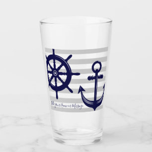 Personalised Navy Blue Anchor Boat Wheel Nautical Glass