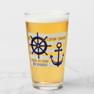 Personalised Navy Blue Anchor Boat Wheel Nautical Glass