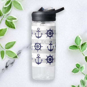 Personalised Navy Blue Anchor Boat Wheel Nautical Water Bottle