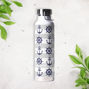 Personalised Navy Blue Anchor Boat Wheel Nautical Water Bottle