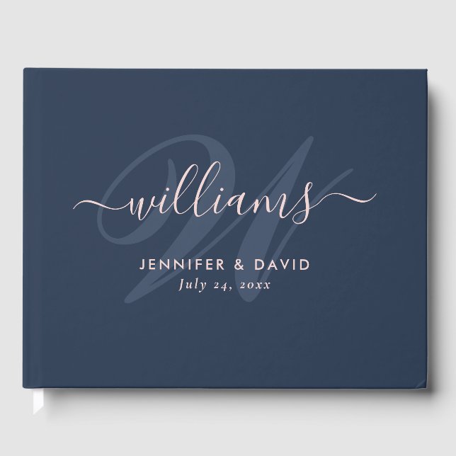 Personalised Navy Blue and Blush Monogram Wedding  Guest Book (Front)