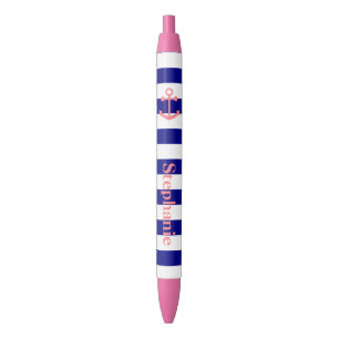 Personalised Navy Blue and Blush Pink Nautical Black Ink Pen