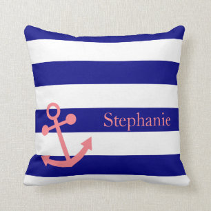 Personalised Navy Blue and Blush Pink Nautical Cushion