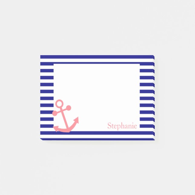 Personalised Navy Blue and Blush Pink Nautical Post-it Notes (Front)