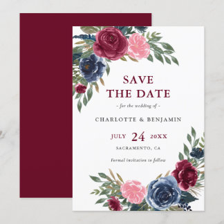 Personalised Navy Blue and Burgundy Floral Wedding Save The Date