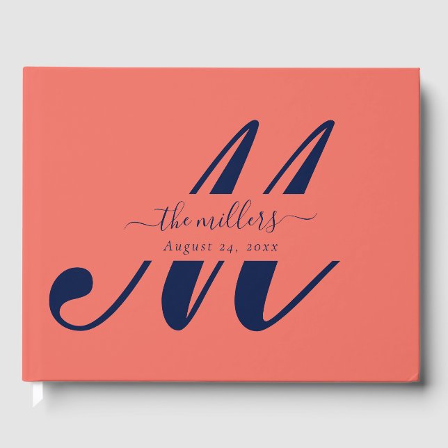 Personalised Navy Blue and Coral Script Monogram Guest Book (Front)