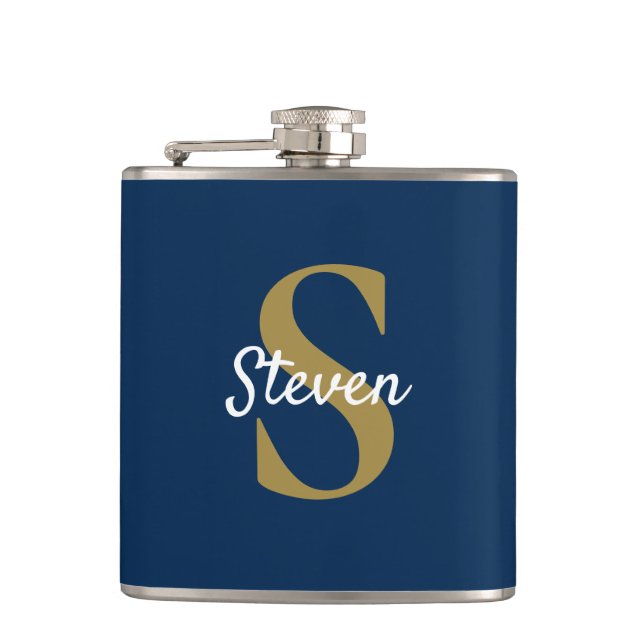 Personalised Navy Blue and Gold Monogram Hip Flask (Front)