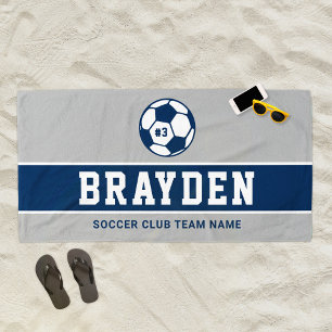 Personalised Navy Blue and Grey Soccer Player Name Beach Towel