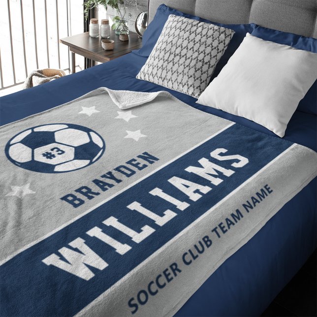 Personalised Navy Blue and Grey Soccer Player Name Fleece Blanket (Creator Uploaded)