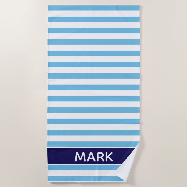 Personalised  Navy Blue And White Cabana Stripe Beach Towel (Front)