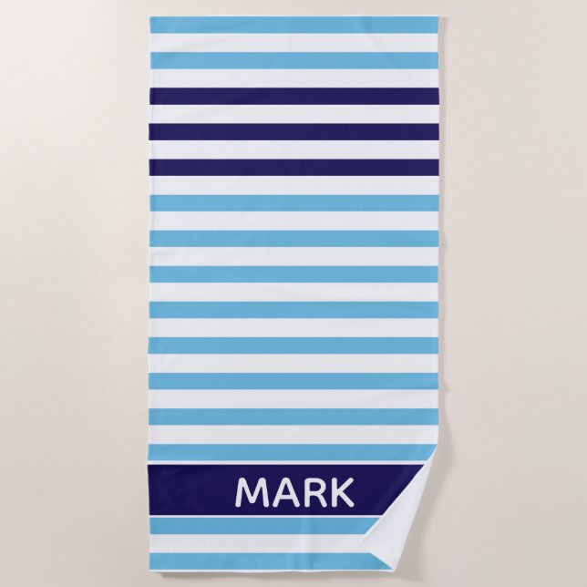 Personalised  Navy Blue And White Multi Stripe Beach Towel (Front)