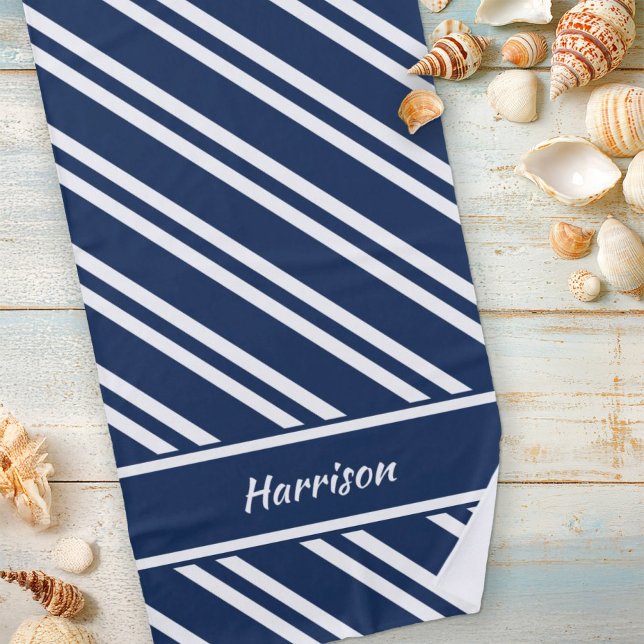 Personalised Navy Blue and White Stripes Beach Towel (Creator Uploaded)