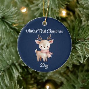 Personalised Navy Blue Baby Girl First Christmas Ceramic Tree Decoration