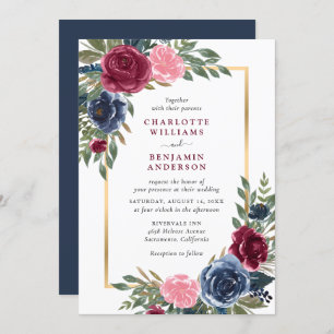 Personalised Navy Blue Burgundy Gold Floral Invitation