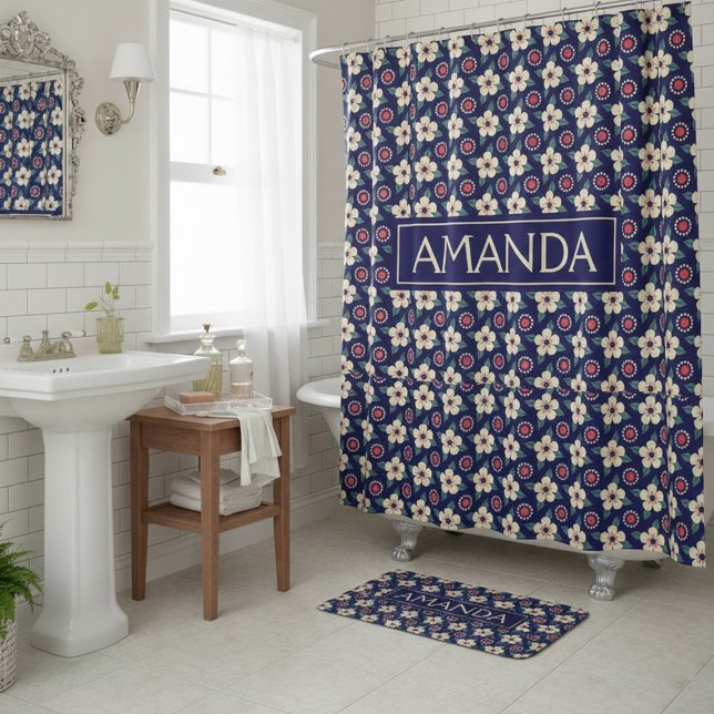 Personalised Navy Blue Floral Bath Mat  (Creator Uploaded)