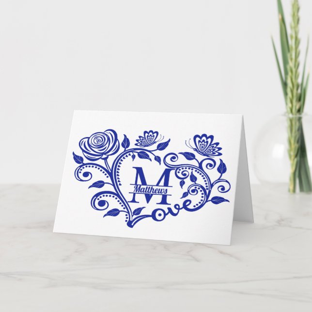 Personalised Navy Blue Floral Monogram M Card (Front)