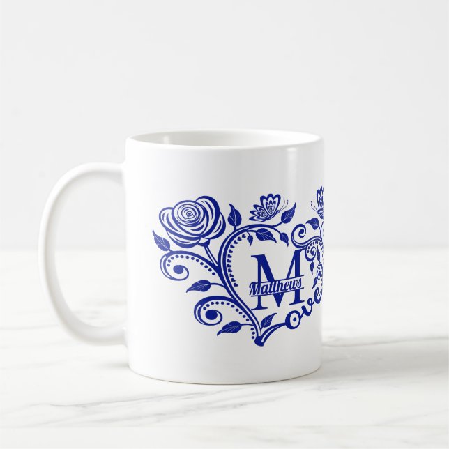 Personalised Navy Blue Floral Monogram M Coffee Mug (Left)
