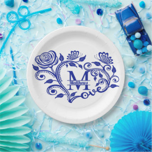 Personalised Navy Blue Floral Monogram M Paper Plate