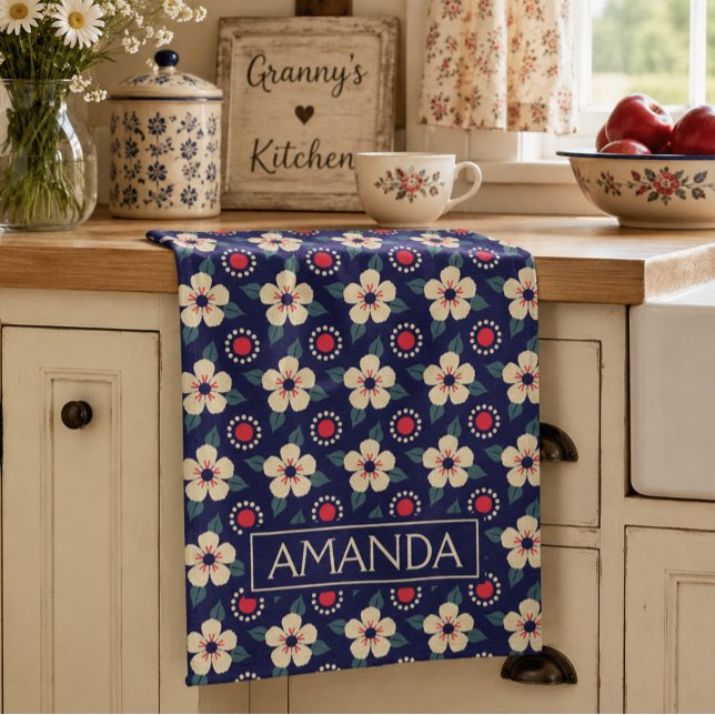 Personalised Navy Blue Floral Tea Towel (Creator Uploaded)