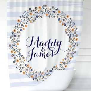 Personalised Navy Blue Floral Wreath Shower Curtain