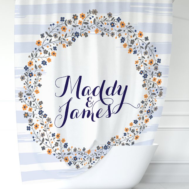 Personalised Navy Blue Floral Wreath Shower Curtain (Creator Uploaded)
