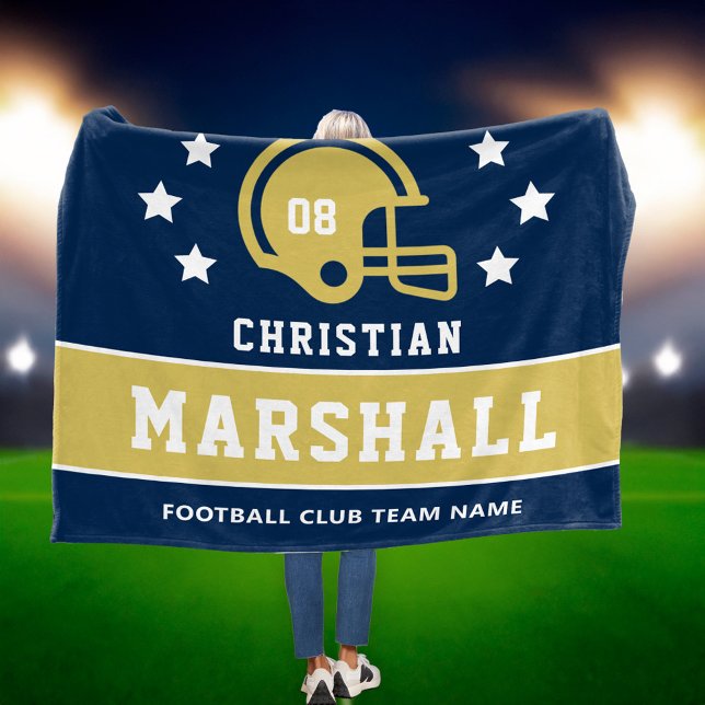 Personalised Navy Blue Gold Football Player Name Fleece Blanket (Creator Uploaded)