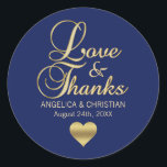 Personalised NAVY BLUE Gold LOVE & THANKS Wedding Classic Round Sticker<br><div class="desc">Wedding or Anniversary,  these are perfect and gorgeous gift favour stickers / labels with a lovely gold topography design letters Love & Thanks note.  Customise these with your names and date.  BACKGROUND colour CAN BE CHANGED  to any colour to match your wedding colour scheme.</div>