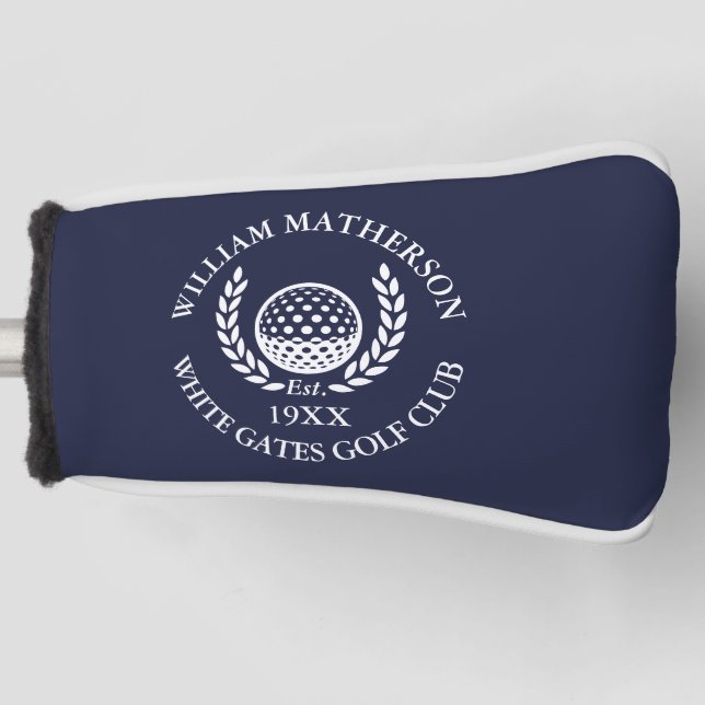 Personalised Navy Blue Golf Club Name Head Cover (Front)