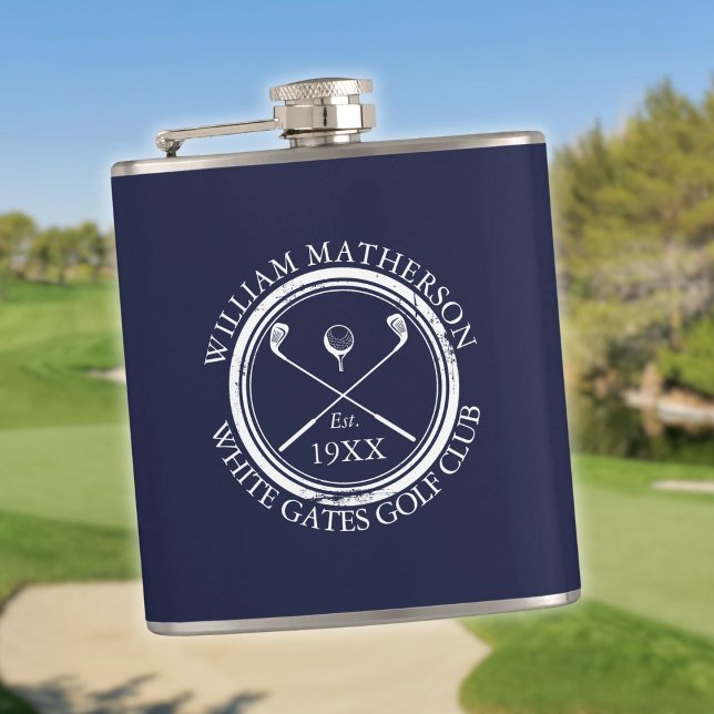Personalised Navy Blue Golf Club Name Hip Flask (Personalized Navy Blue Golf Club Name Flask)