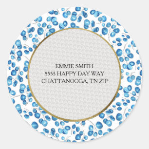 Personalised Navy Blue Leaves White Return Address Classic Round Sticker