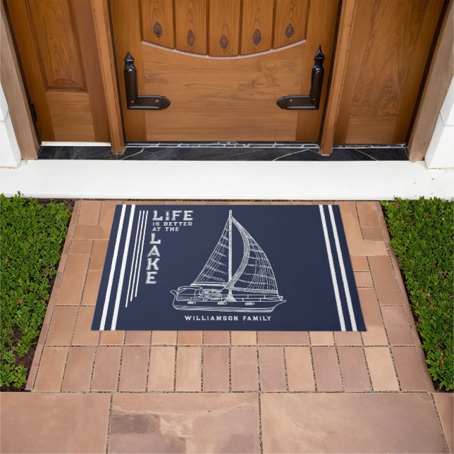 Personalised Navy Blue Life is Better at the Lake Doormat (Outdoor)
