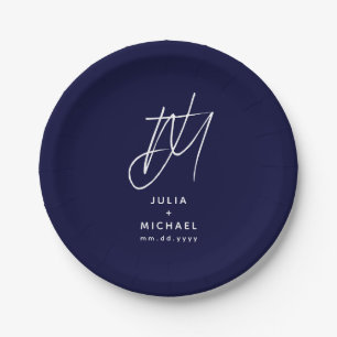 Personalised Navy Blue Monogram Wedding Paper Plate