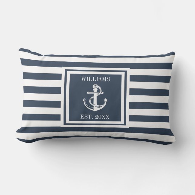 Personalised Navy Blue Name Stripe Nautical Anchor Lumbar Cushion (Front)