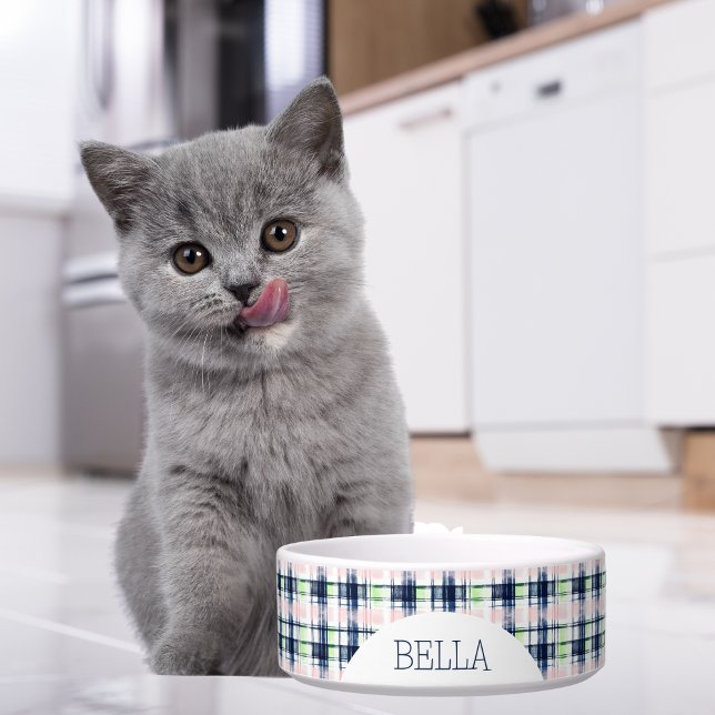 Personalised Navy Blue & Pink Plaid Pet Bowl (Creator Uploaded)