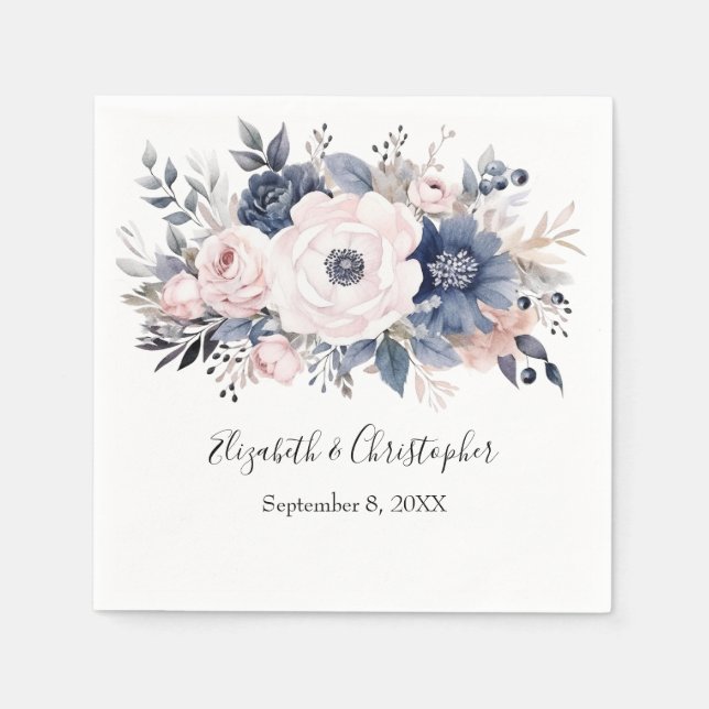 Personalised Navy Blue Pink White Floral Wedding Napkin (Front)