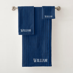 Personalised navy blue pinstripes bath towel set