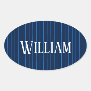 Personalised navy blue pinstripes oval sticker