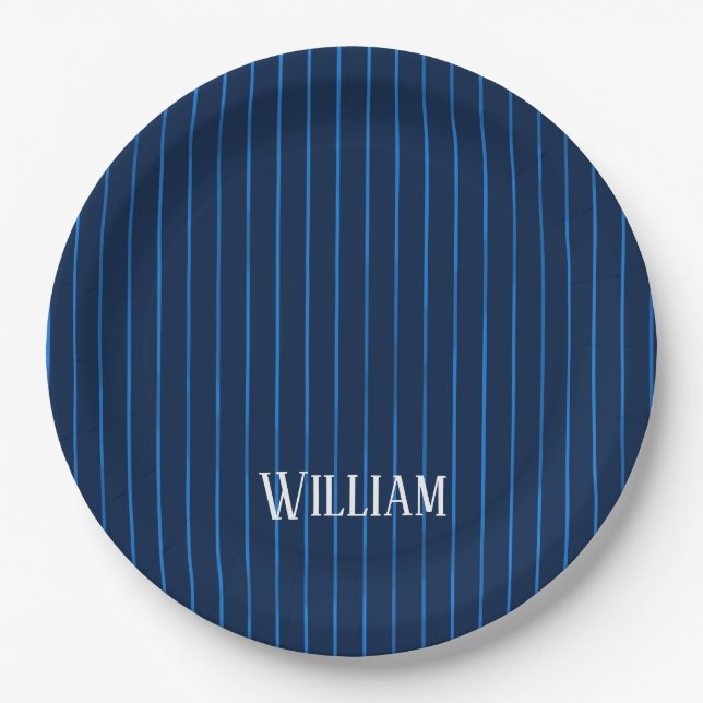 Personalised navy blue pinstripes paper plate (Front)