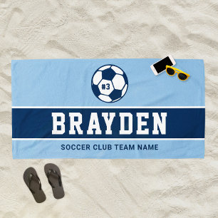 Personalised Navy Blue Soccer Player Name Beach Towel
