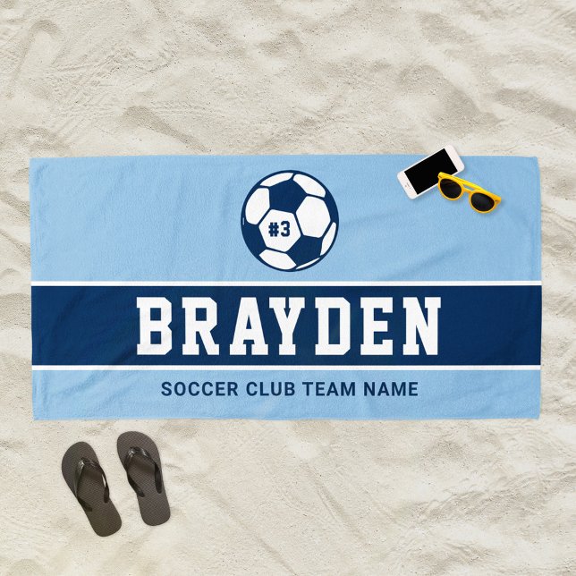 Personalised Navy Blue Soccer Player Name Beach Towel (Creator Uploaded)