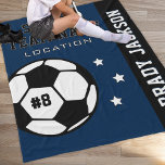 Personalised Navy Blue Soccer Player Name Fleece Blanket<br><div class="desc">Personalised soccer themed fleece blanket for soccer players when they're not scoring goals on the field, and for their parents to support their kids and stay warm at chilly games! Makes a unique team gift for travel tournaments. Design features a soccer ball customised with the player's uniform number, custom text...</div>
