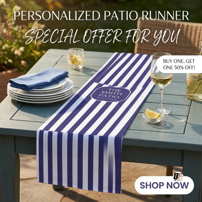 Personalised Navy Blue Striped Outdoor Patio Medium Table Runner (#celebrationparty)