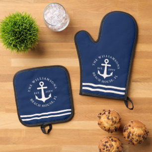 Personalised Navy Blue White Anchor Nautical Oven Mitt & Pot Holder Set