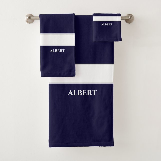 Personalised Navy Blue White Bath Towel Set (Insitu)