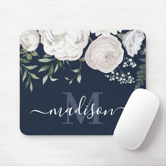 Personalised Navy Blue White Floral Name Monogram Mouse Pad (With Mouse)