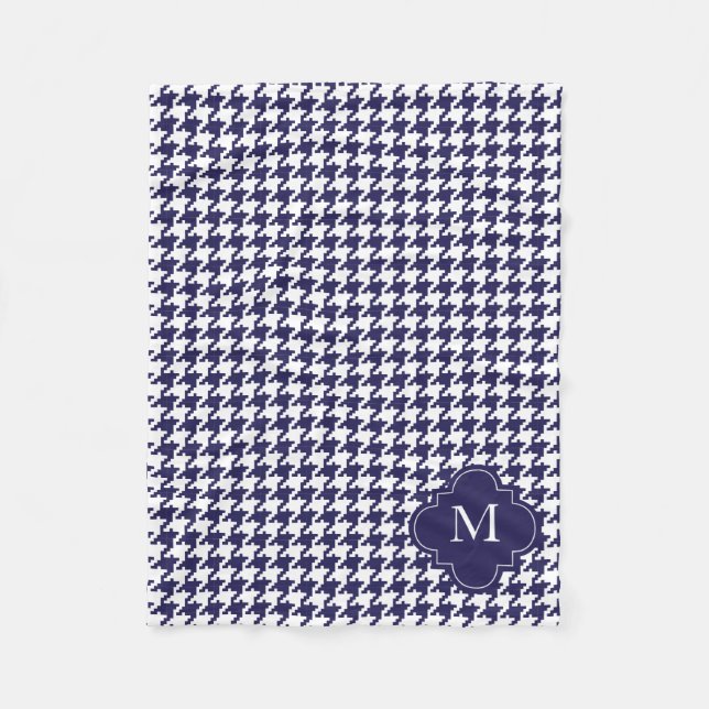 Personalised Navy Blue & White Houndstooth Pattern Fleece Blanket (Front)
