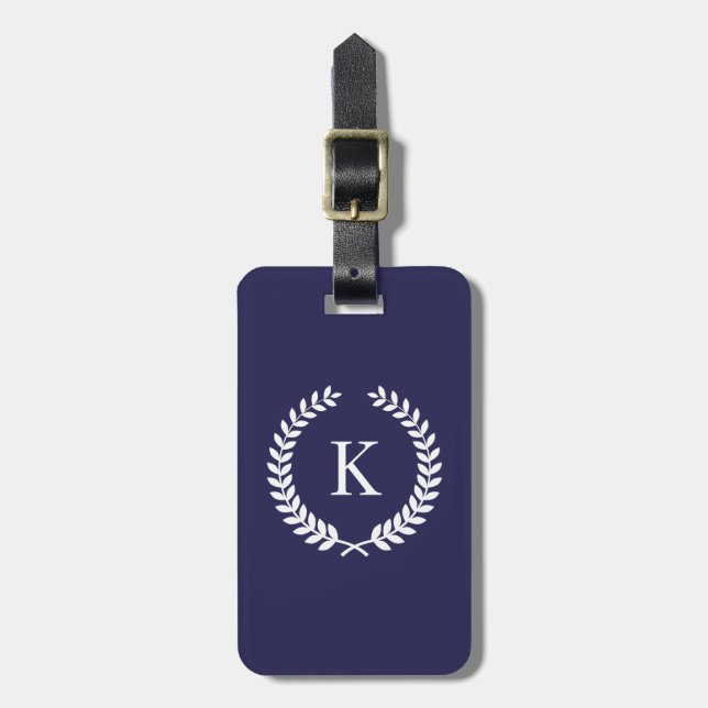 Personalised Navy Blue White Monogram Luggage Tag (Front Vertical)