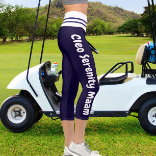 Personalised Navy Blue White Striped Pet Cat Name Capri Leggings