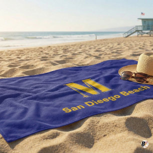 Personalised Navy Blue & Yellow Monogram Letter M Beach Towel